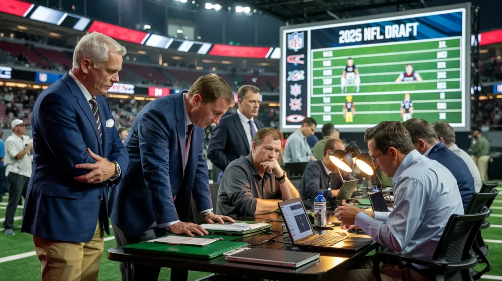 Team executives reviewing player stats and strategies at the 2025 NFL Draft event inside a stadium with a digital draft board in the background.