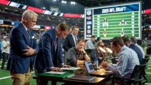 Team executives reviewing player stats and strategies at the 2025 NFL Draft event inside a stadium with a digital draft board in the background.
