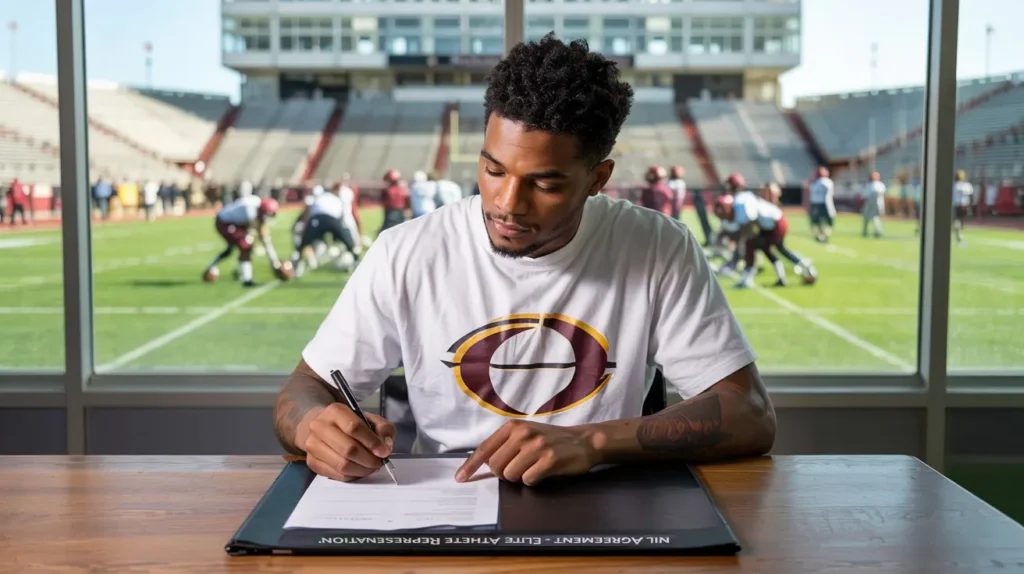 College athlete signing an NIL endorsement contract inside a stadium office while football practice takes place in the background