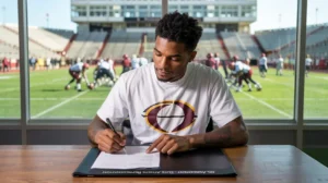 College athlete signing an NIL endorsement contract inside a stadium office while football practice takes place in the background