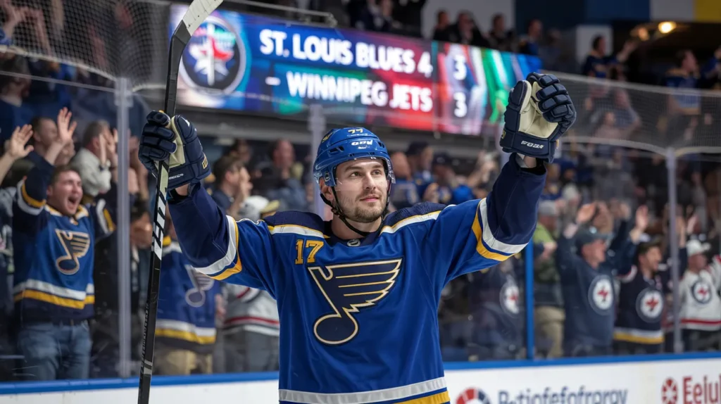 St. Louis Blues player celebrates after a thrilling 4-3 victory over the Winnipeg Jets, with fans cheering in the background.