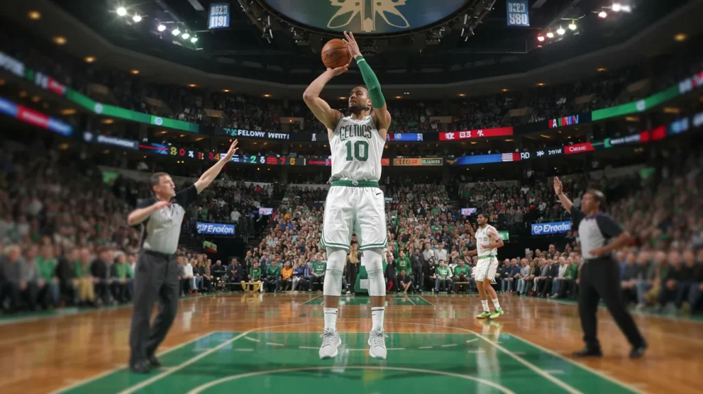 Jayson Tatum of the Boston Celtics shoots a free throw during Game 5 of the 2025 NBA Playoffs at TD Garden, as referees and teammates look on amid a packed, energized crowd.