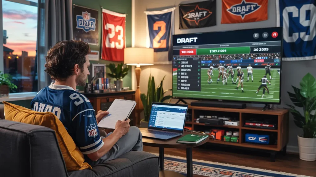 Football fan in NFL jersey watching the NFL Draft and taking notes in a cozy home setup with sports banners on the wall.