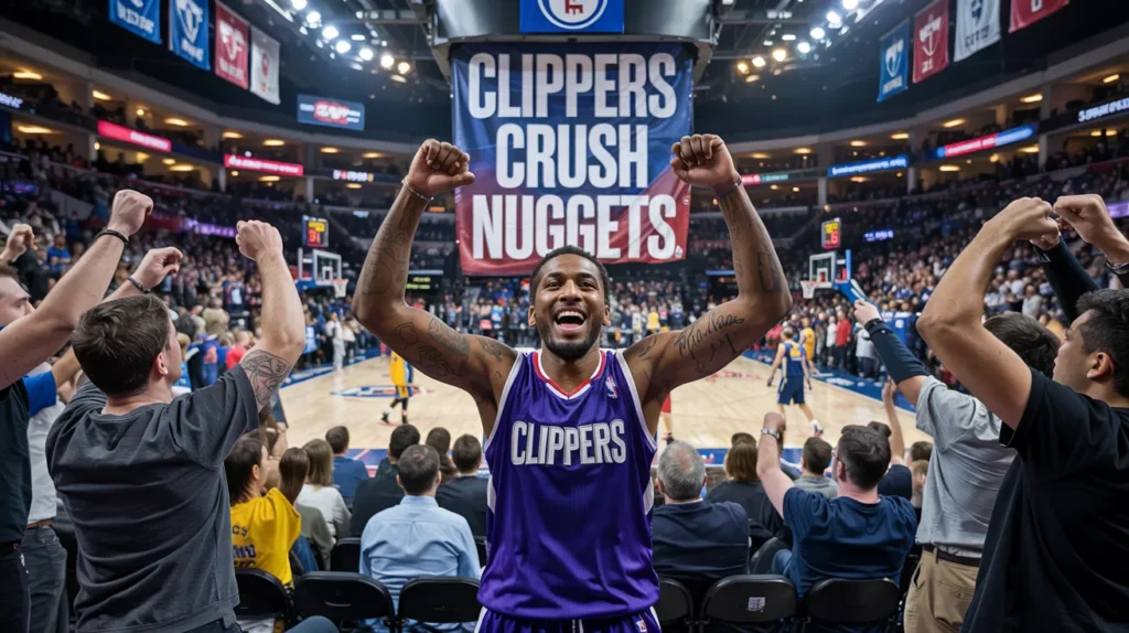 Clippers fan celebrates a huge Game 3 win over the Nuggets during the 2025 NBA Playoffs inside a packed arena.
