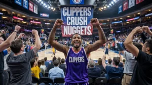 Clippers fan celebrates a huge Game 3 win over the Nuggets during the 2025 NBA Playoffs inside a packed arena.