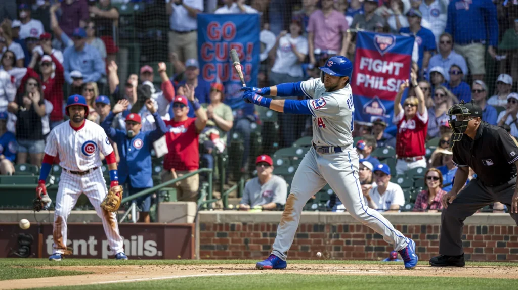 Chicago Cubs player swings at pitch vs Philadelphia Phillies at Wrigley Field, April 25, 2025 MLB game.