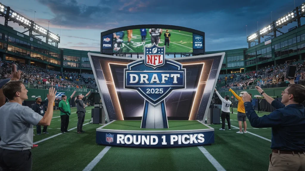 Fans cheering in a stadium as the 2025 NFL Draft Round 1 Picks are announced on a large display at Lambeau Field.