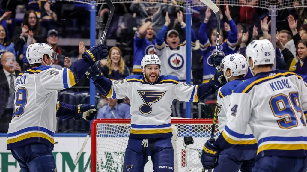 St. Louis Blues players celebrating a goal against the Winnipeg Jets during NHL Playoffs Game 4 win.