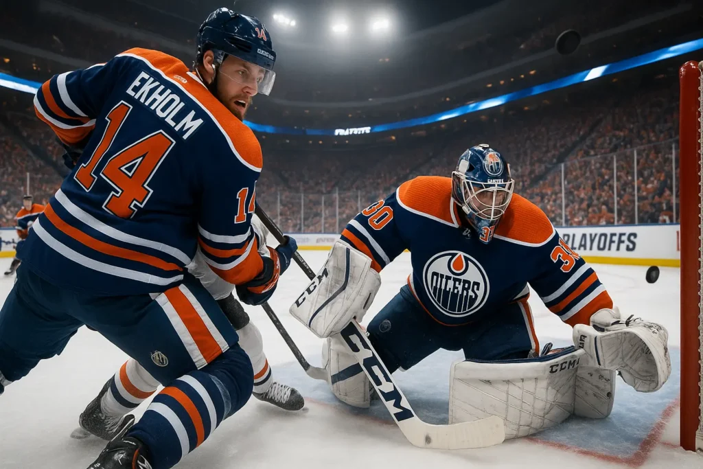 An action shot from a hockey game showing two Edmonton Oilers players in their blue and orange uniforms. On the left, a defenseman wearing number 14, Mattias Ekholm, holds his stick defensively. On the right, the goalie, Stuart Skinner, wearing number 30, is in a crouch, ready to block a shot, with a hockey puck visible near the net. The background shows a blurry arena crowd and bright lights.