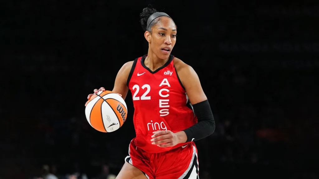 A'ja Wilson of the Las Vegas Aces handles the ball during the game against the Los Angeles Sparks.