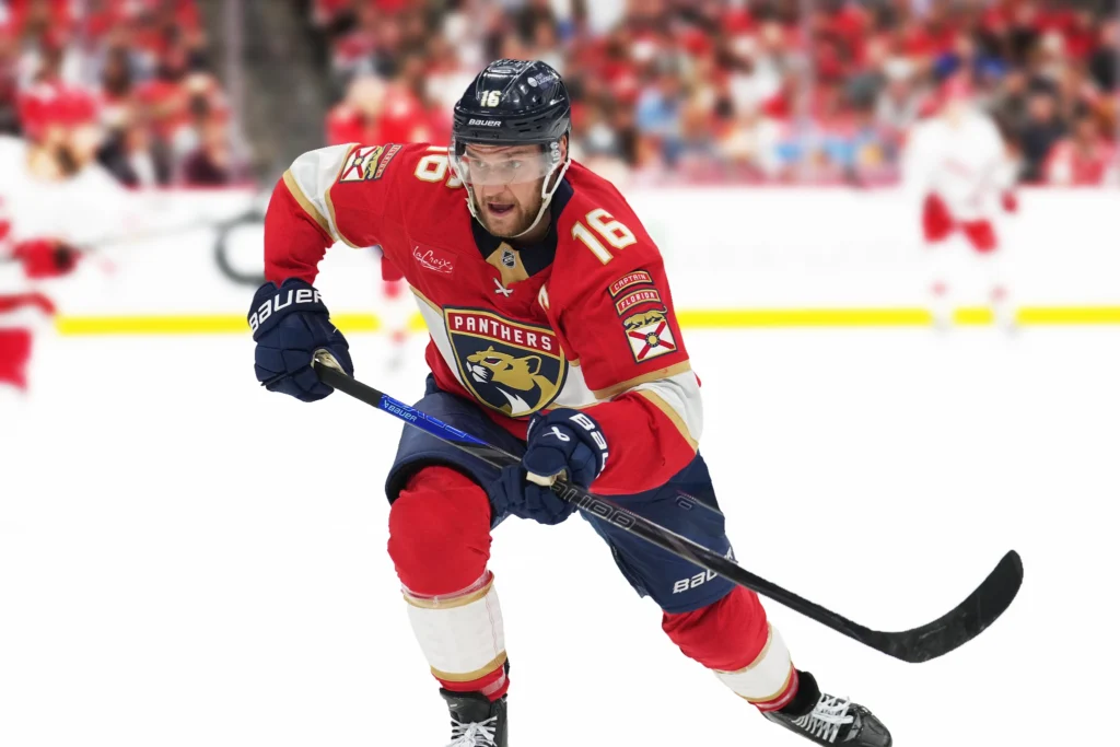 Florida Panthers center Aleksander Barkov races to a loose puck in the first period during game three of the Stanley Cup Playoffs Eastern Conference Finals.