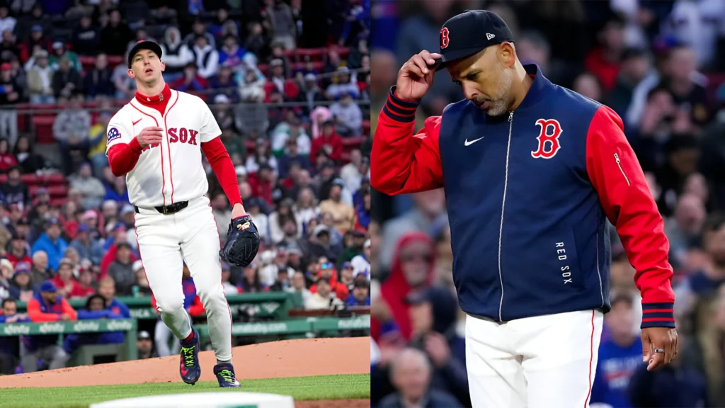 Acollage of two images. On the left - Boston Red Sox starting pitcher Walker Buehler (0). On the right - Boston Red Sox manager Alex Cora returns to the dugout after he was ejected during the third inning.