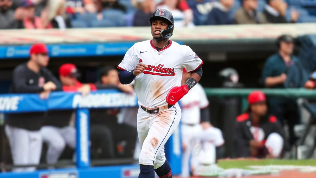 Cleveland Guardians center fielder Angel Martinez scores a run during the first inning of the Major League Baseball Interleague game between the Los Angeles Dodgers and Cleveland Guardians.
