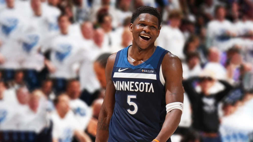Anthony Edwards of the Minnesota Timberwolves smiles during the game against the Oklahoma City Thunder during Game 3 of the 2025 NBA Western Conference Finals.