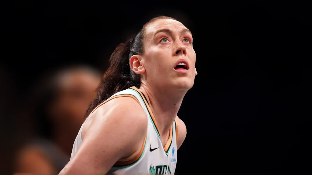 Breanna Stewart of the New York Liberty looks on during the game against the Golden State Valkyries.