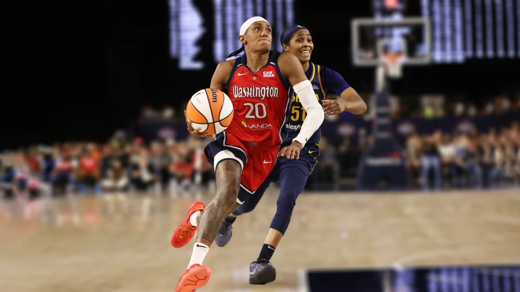Brittney Sykes of the Washington Mystics drives to the basket during the game against the Indiana Fever.