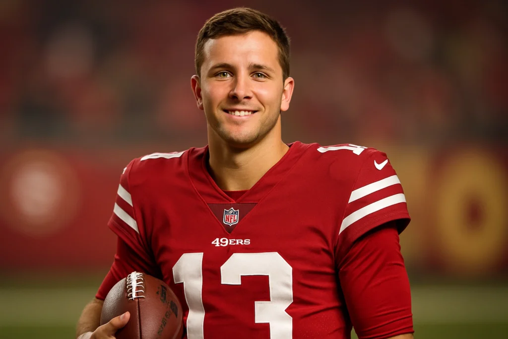 A portrait of Brock Purdy, the quarterback for the San Francisco 49ers, wearing his red home jersey with the number 13 in white. He is smiling and looking directly at the camera, holding a brown football in his left arm. The 49ers logo and the NFL shield are visible on his jersey. The background is blurred with warm, reddish tones.