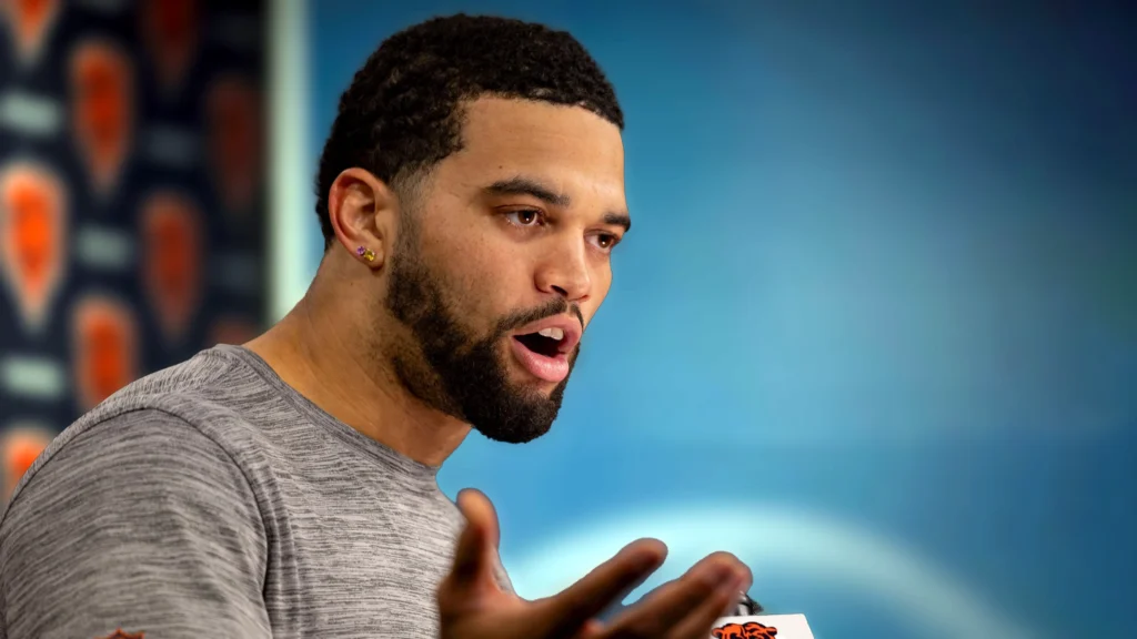 Chicago Bears quarterback Caleb Williams speaks after practice at Halas Hall.