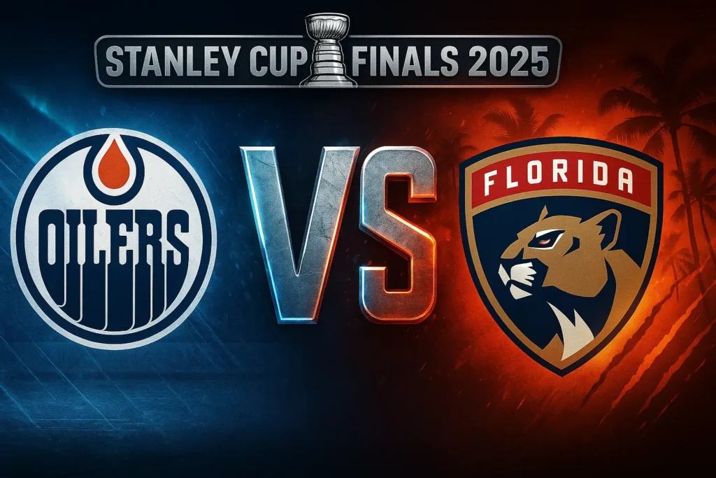 promotional graphic for the 2025 Stanley Cup Final. On the left is the white and orange circular logo of the Edmonton Oilers with palm trees subtly in the background on the right, indicating the Florida Panthers. In the center, a large metallic "VS" separates the two team logos. Above, a silver "STANLEY CUP" banner is topped with the Stanley Cup trophy, followed by "FINALS 2025". The background is split with blue lighting on the left and red-orange lighting on the right, creating a dynamic contrast.