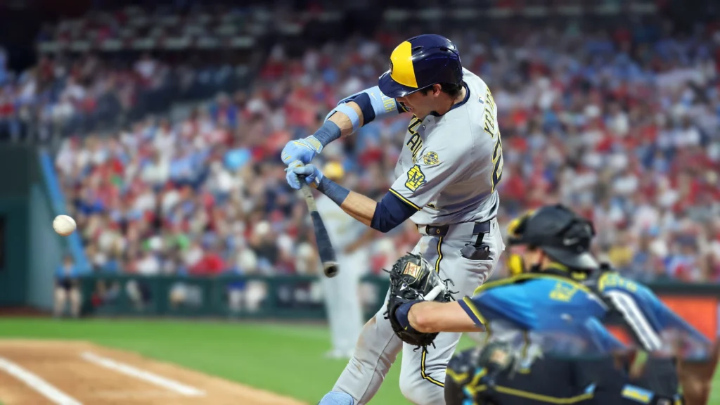 hristian Yelich of the Milwaukee Brewers hits a three-run home run in the fifth inning during a game against the Philadelphia Phillies.