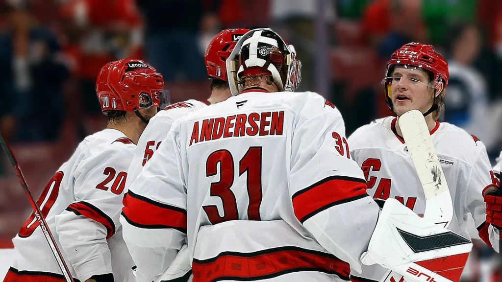 Carolina Hurricanes celebrates after defeating the Florida Panthers after Game Four of the Eastern Conference Final of the 2025 Stanley Cup Playoffs.