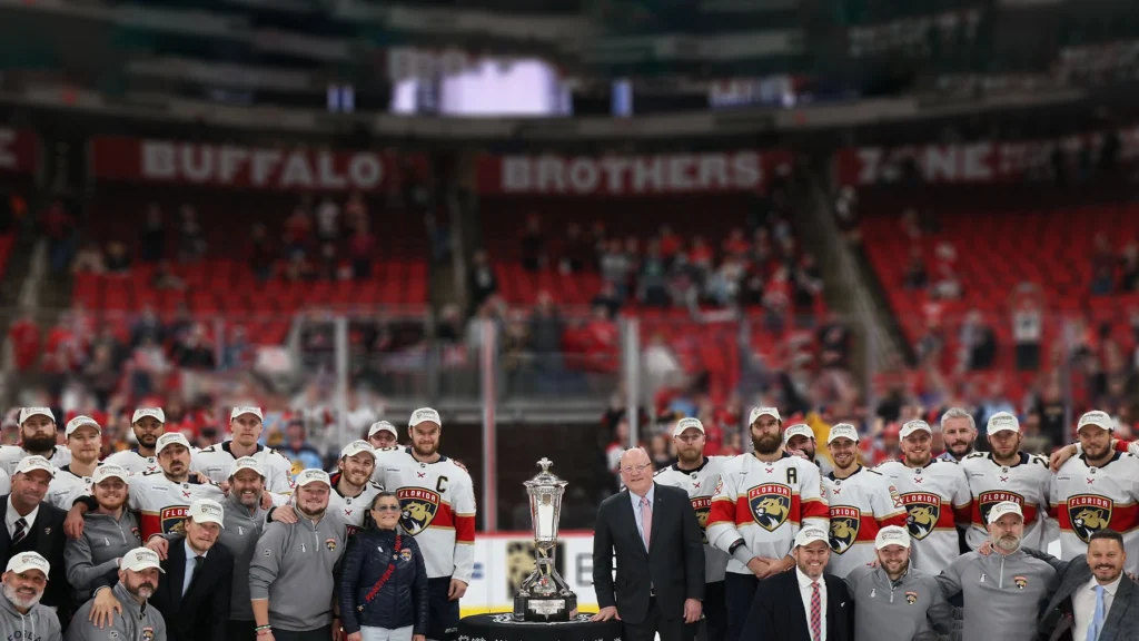 Aleksander Barkov and the Florida Panthers pose with the Prince of Wales Trophy after defeating the Carolina Hurricanes 5-3 in Game Five of the Eastern Conference Final.