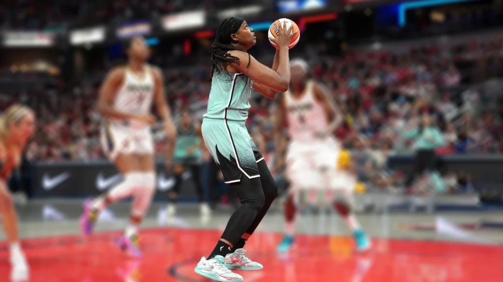Jonquel Jones of the New York Liberty drives to the basket during the game against the Indiana Fever.