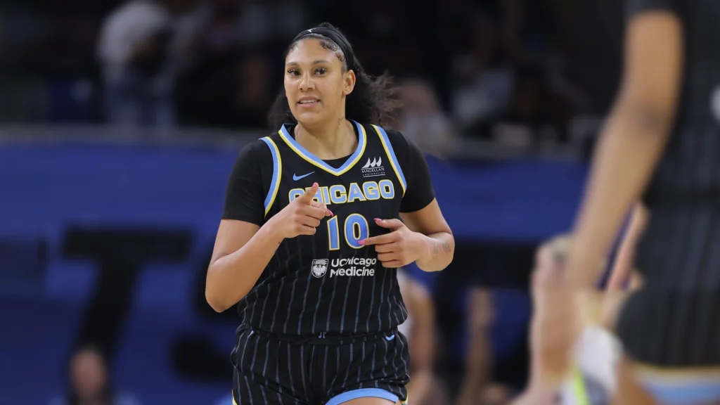  Kamilla Cardoso of the Chicago Sky reacts after making a basket during the second half against the Dallas Wings.