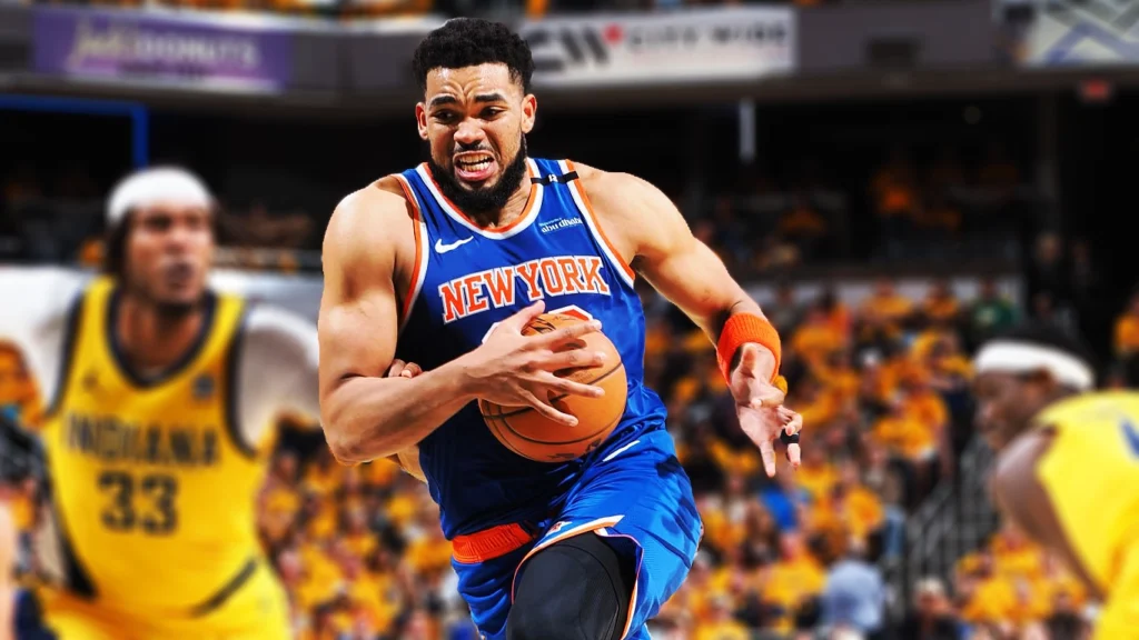 Karl-Anthony Towns of the New York Knicks drives to the basket during the game against the Indiana Pacers.