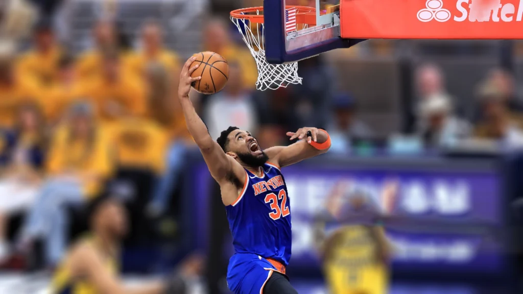 Karl-Anthony Towns of the New York Knicks drives to the basket against the Indiana Pacers during the Game Three of the Eastern Conference Finals.