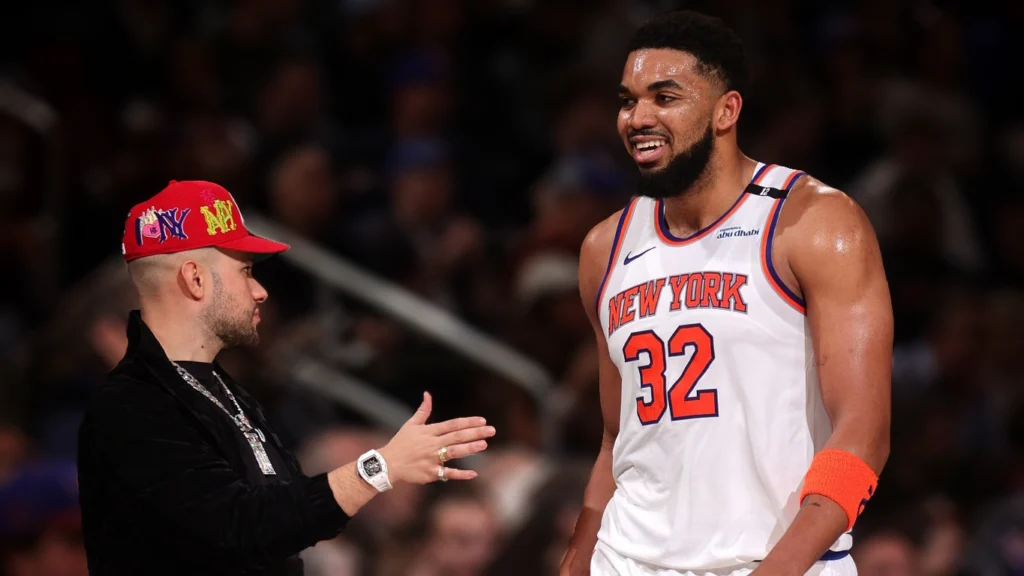 Karl-Anthony Towns of the New York Knicks smiles during the game against the Indiana Pacers during Game 2 of the 2025 Eastern Conference Finals.