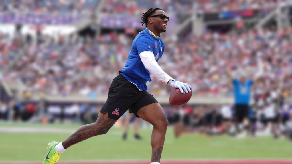  Malik Nabers of the New York Giants and NFC runs up field during the 2025 NFL Pro Bowl Games.