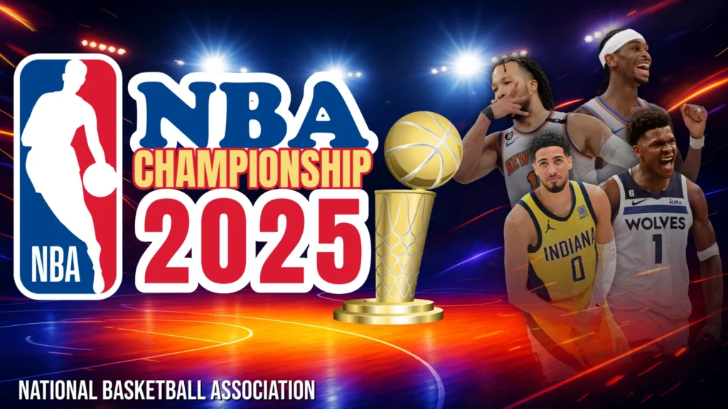 A promotional graphic for the 2025 NBA Championship, showcasing the NBA logo, the text "NBA Championship 2025," a golden trophy, and images of basketball players in their team jerseys.