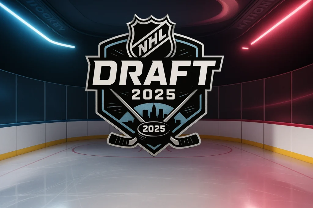 The 2025 NHL Draft logo features the NHL shield above the word "DRAFT" and the year "2025." Below that, there's a stylized cityscape and two crossed hockey sticks. The background is a hockey rink.
