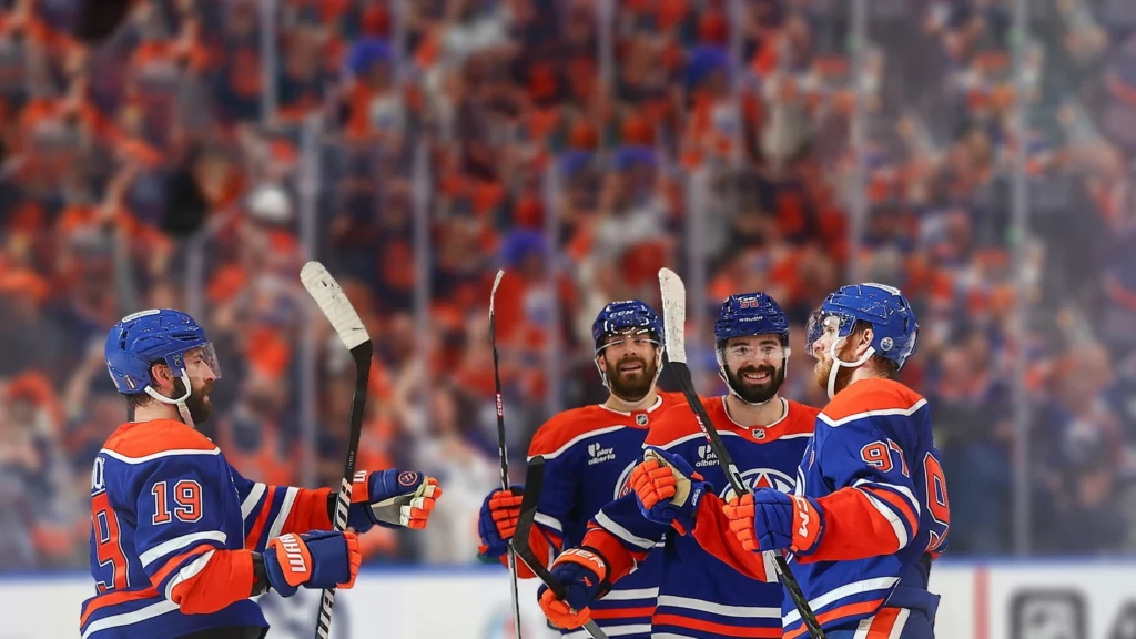 Edmonton Oilers Center Adam Henrique celebrates a goal in the third period of game four in Stanley Cup Playoffs Conference Final against Stars.