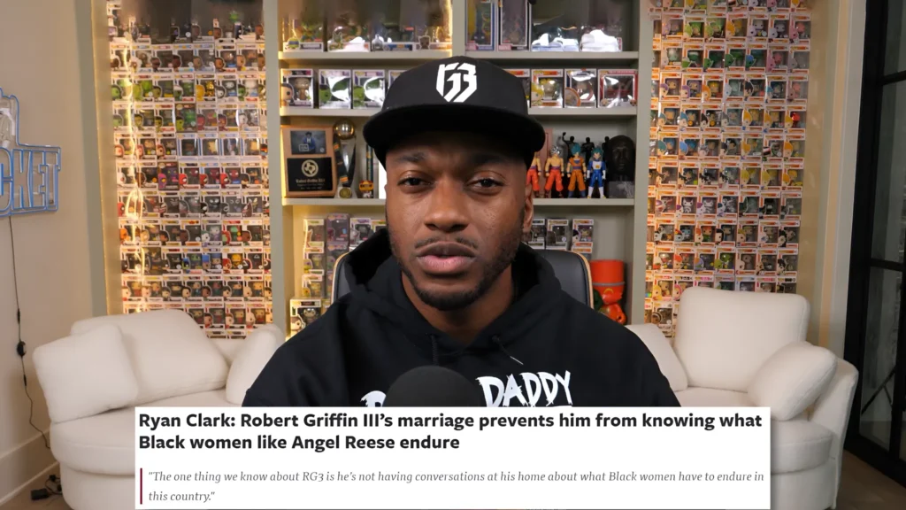 RG3 speaks into a microphone during a video response, addressing Ryan Clark's controversial statement about his interracial marriage and opinions on Angel Reese and Caitlin Clark. A highlighted quote from Ryan Clark is visible on screen.