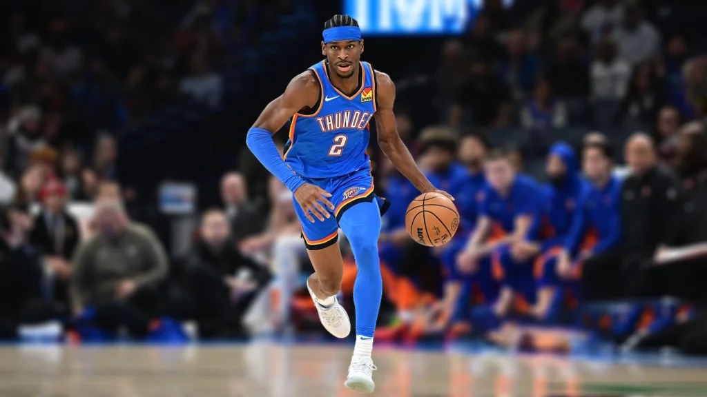 Shai Gilgeous-Alexander of the Oklahoma City Thunder brings the ball down the floor during the first half against the New York Knicks.