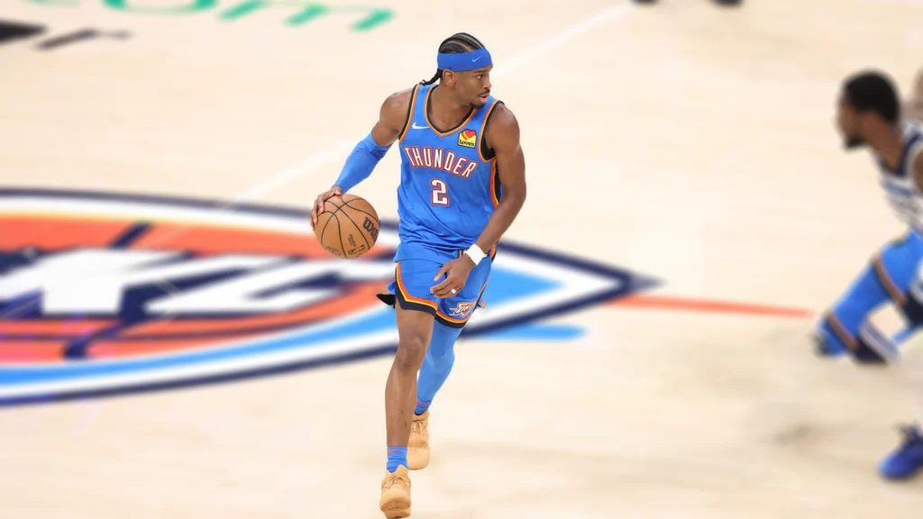 Shai Gilgeous-Alexander of the OKC Thunder drives to the basket during the game against the Minnesota Timberwolves in Game Two of the 2025 Western Conference Finals.