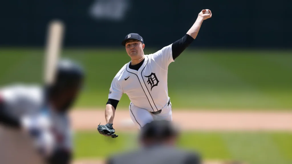 Detroit Tigers pitcher Tarik Skubal delivers a pitch during an MLB game against the Cleveland Guardians.
