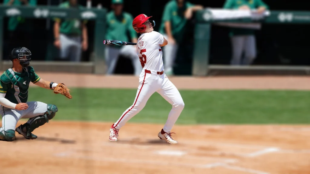 Arkansas Razorbacks utility Kuhio Aloy at bat during the NCAA baseball regional tournament game between the Arkansas Razorbacks and North Dakota St. Bison.
