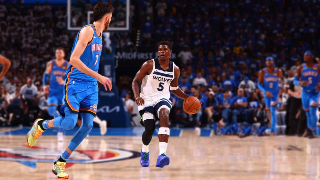 Anthony Edwards of the Minnesota Timberwolves drives to the basket during the game against the Oklahoma City Thunder during Game Five of the Western Conference Finals 