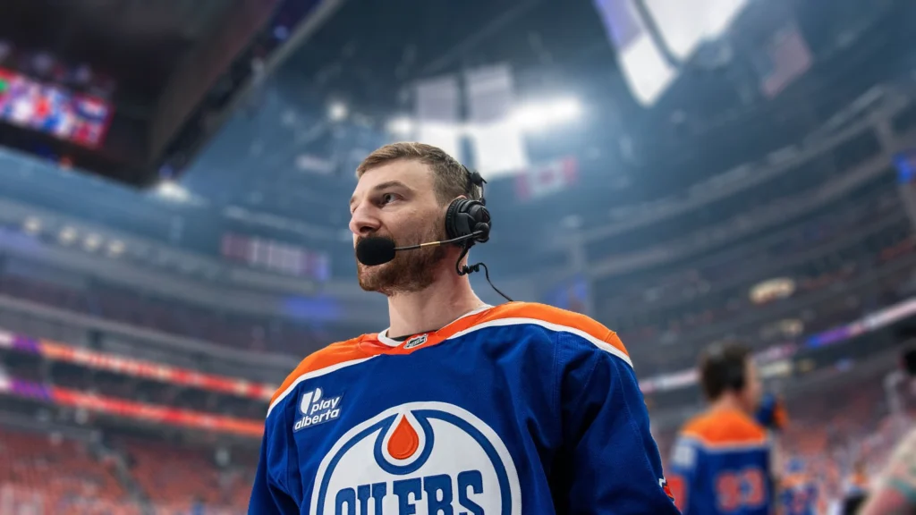 Zach Hyman of the Edmonton Oilers speaks to the media during warmup against the Dallas Stars in Game Four of the Western Conference Final.
