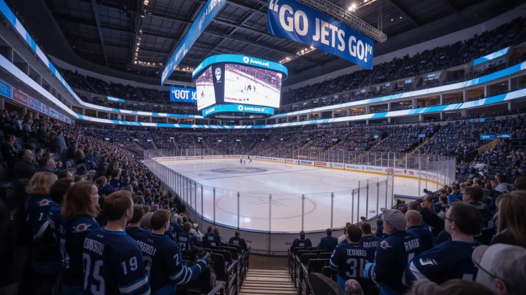 A wide-angle interior view of the Canada Life Centre during a Winnipeg Jets hockey game, showing a packed crowd in blue Jets jerseys, the illuminated ice rink, and a large overhead Jumbotron displaying live gameplay.