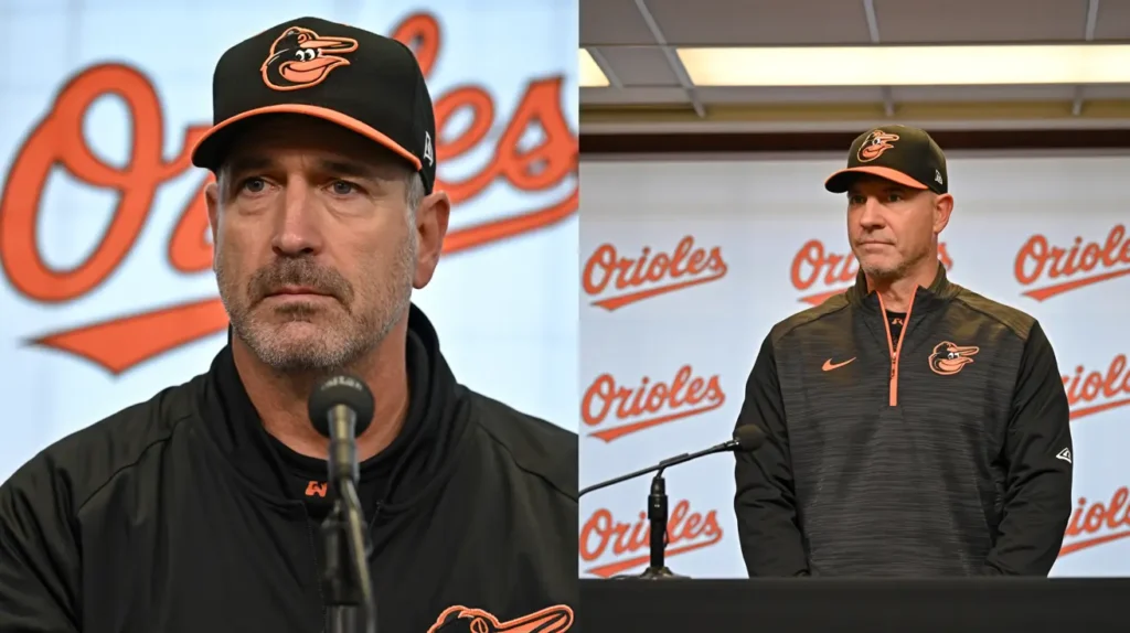 A split-screen photograph featuring two men in Baltimore Orioles caps and team jackets. The left side shows Brandon Hyde, a middle-aged man with short hair and a goatee, looking serious at a microphone. The right side shows Tony Mansolino, another middle-aged man with short hair, standing behind a podium with "Orioles" visible on the backdrop.