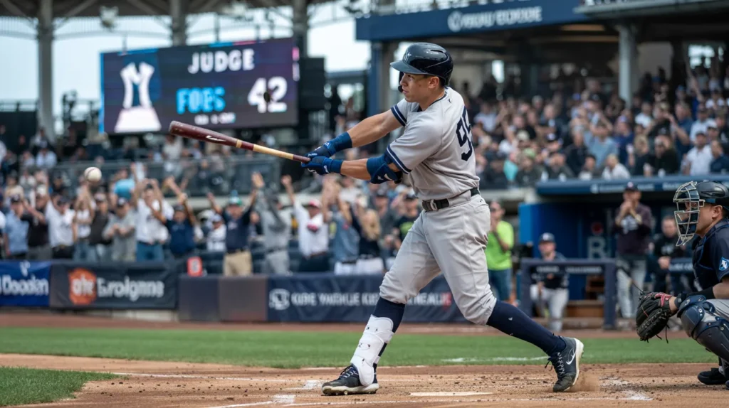 Aaron Judge crushes a towering hit during the 2025 MLB season, electrifying Yankee Stadium as he continues his MVP-caliber campaign.