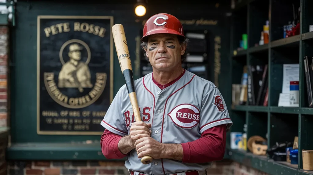 Pete Rose wearing a Cincinnati Reds uniform, holding a bat, standing proudly.