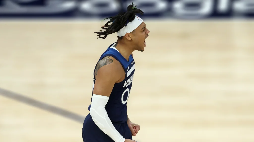 Terrence Shannon Jr. of the Minnesota Timberwolves reacts against the Oklahoma City Thunder during the first half in Game Three of the Western Conference Finals.