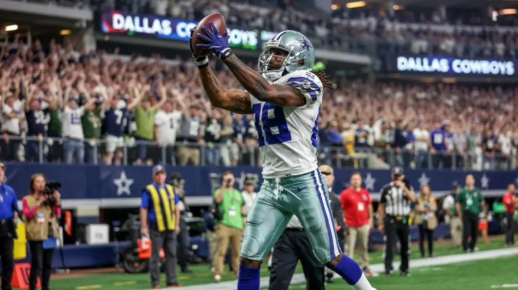George Pickens of the Dallas Cowboys catches a football mid-air during a game at AT&T Stadium, with fans cheering in the background.