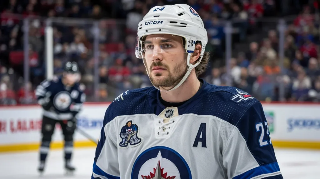 Mark Scheifele of the Winnipeg Jets wearing a white and navy jersey during the NHL Playoffs, focused and emotional after scoring in tribute to his father.