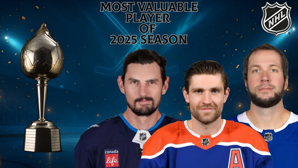  Image of the 2025 NHL MVP award presentation with three hockey players, includ Connrsor Hellebuyck, Nikita Kucherov, Leon Draisaitl and the Heart trophy.